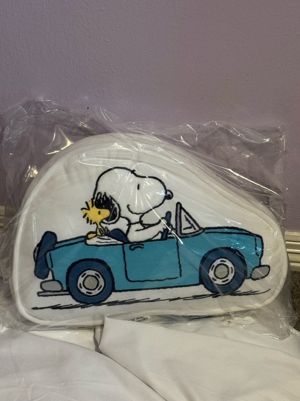 Peanuts White Pillow with Snoopy & Woodstock in Blue Car